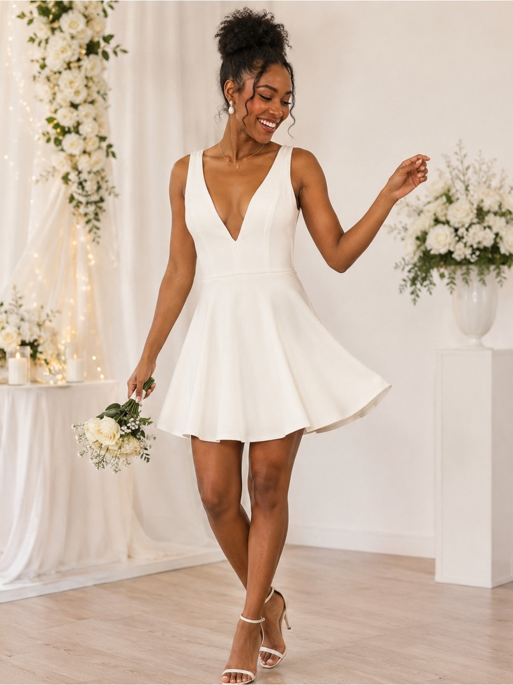 Express Womens Ivory White Plunge V Neck Fit Flare Skater Mini Dress Size M